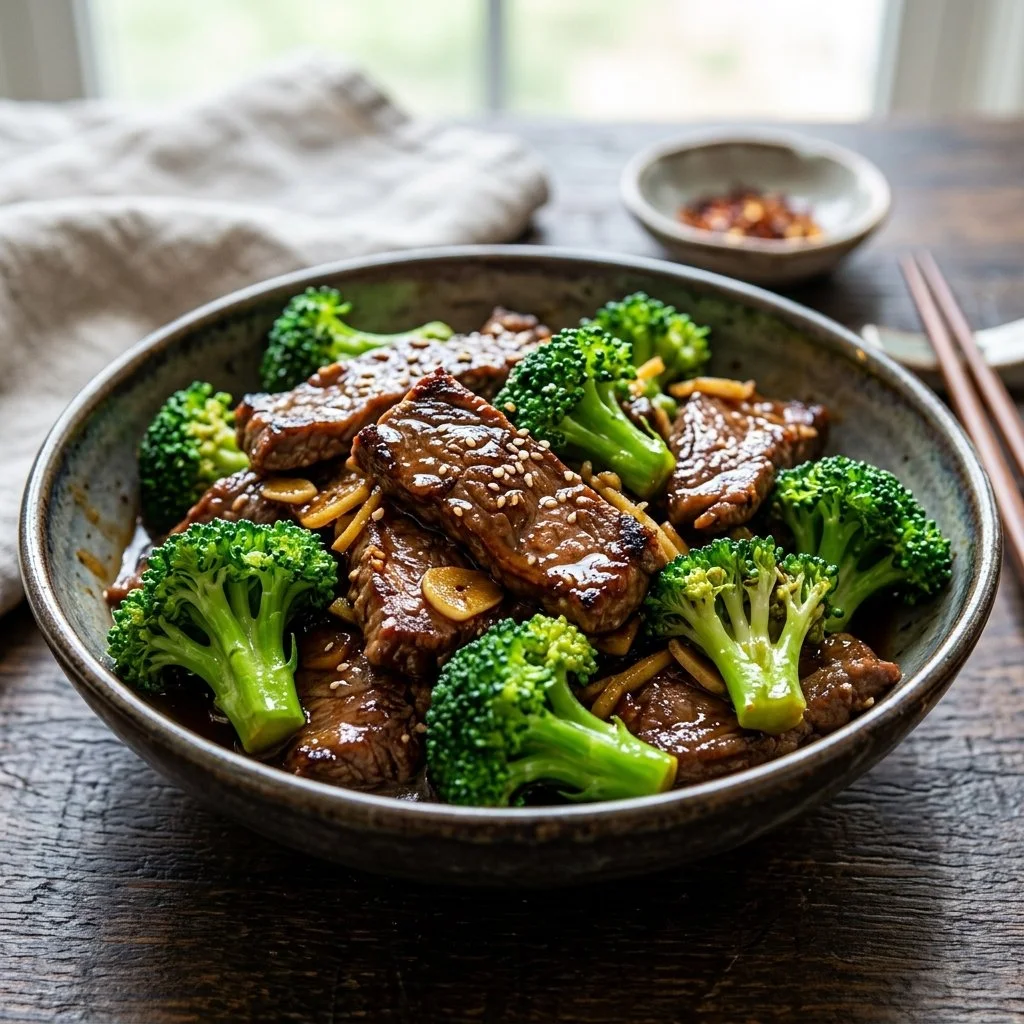 Delicious Beef and Broccoli Stir Fry on a plate with colorful vegetables