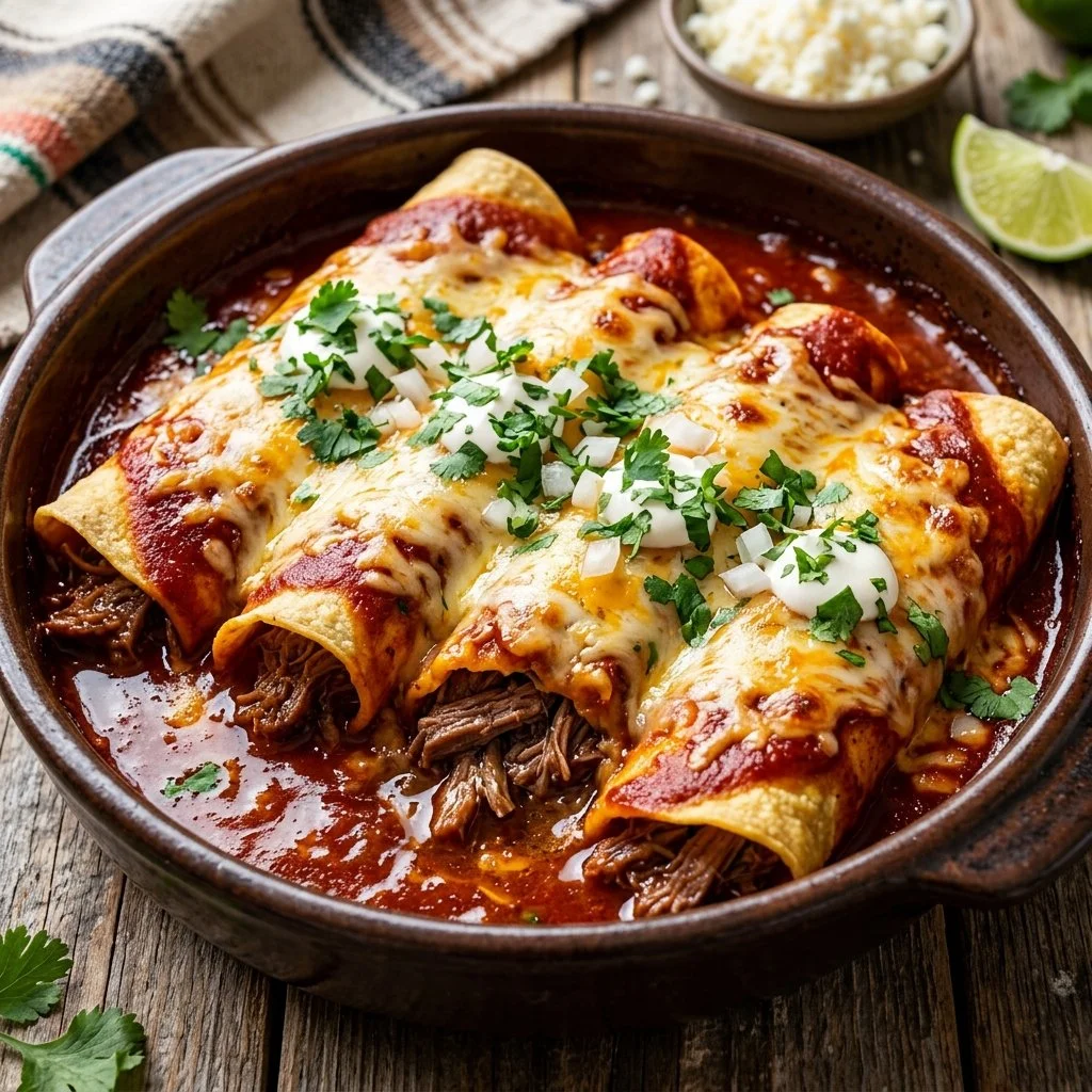 Delicious beef enchiladas topped with cheese and sauce on a plate