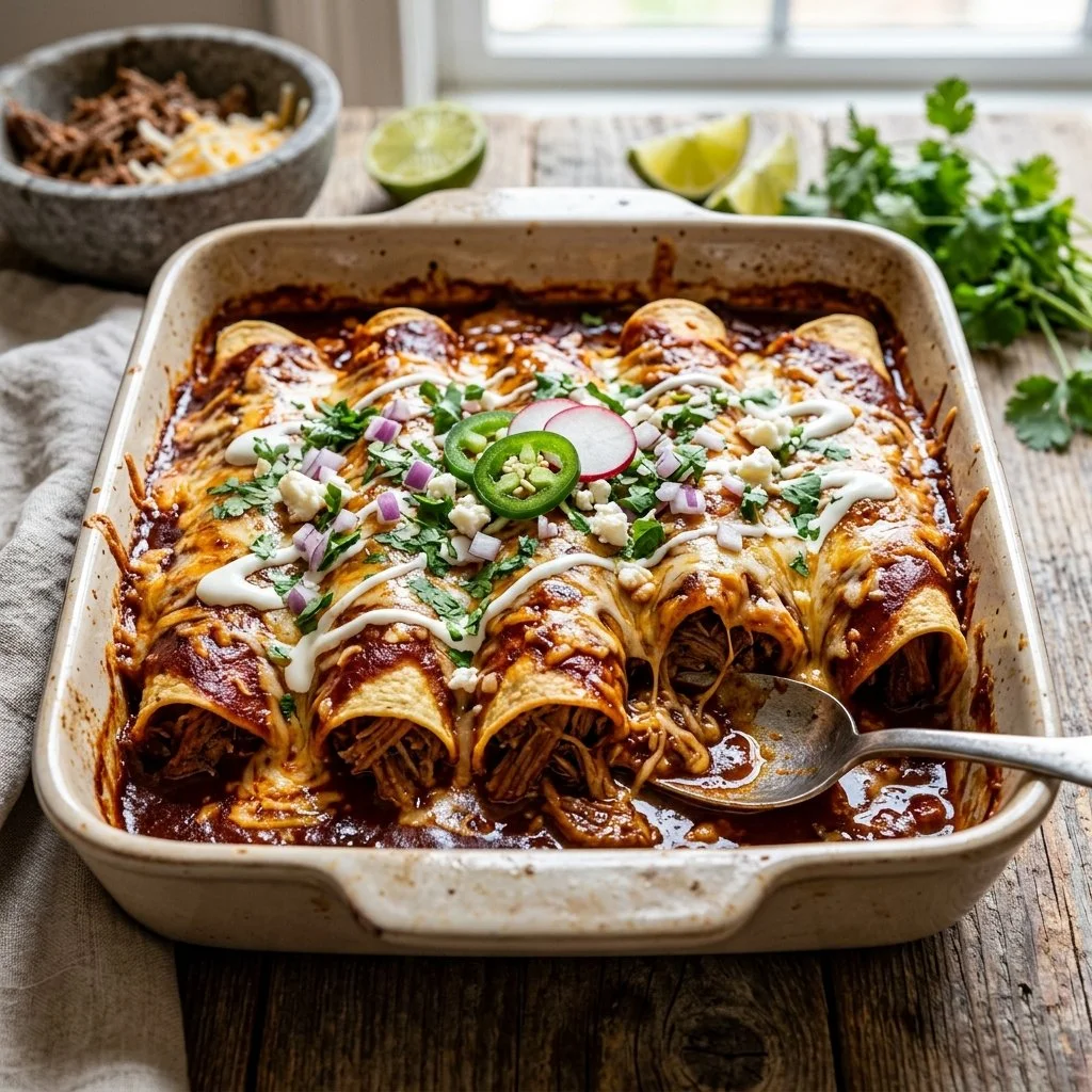 Delicious beef enchiladas topped with cheese and sauce on a plate