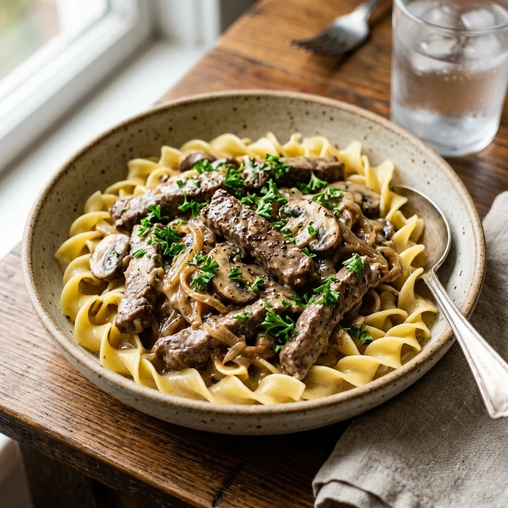 Delicious beef stroganoff served with pasta and garnished with fresh parsley.