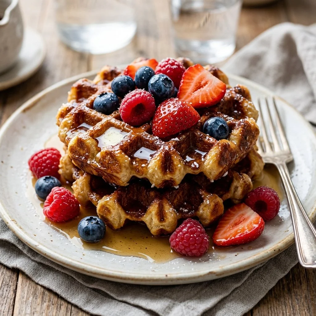 Deliciously golden Belgian waffles served with strawberries and whipped cream