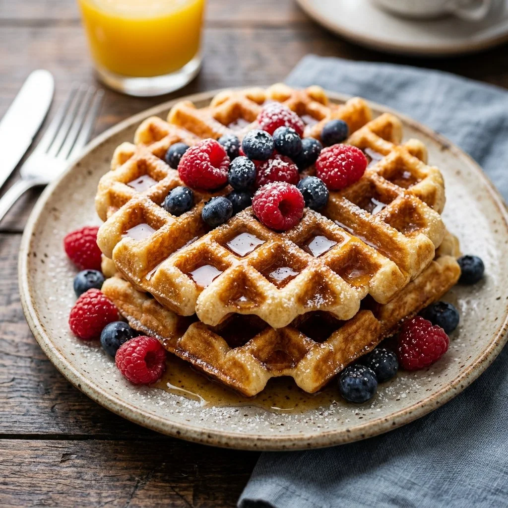 Delicious golden Belgian waffles topped with fresh fruits and whipped cream.