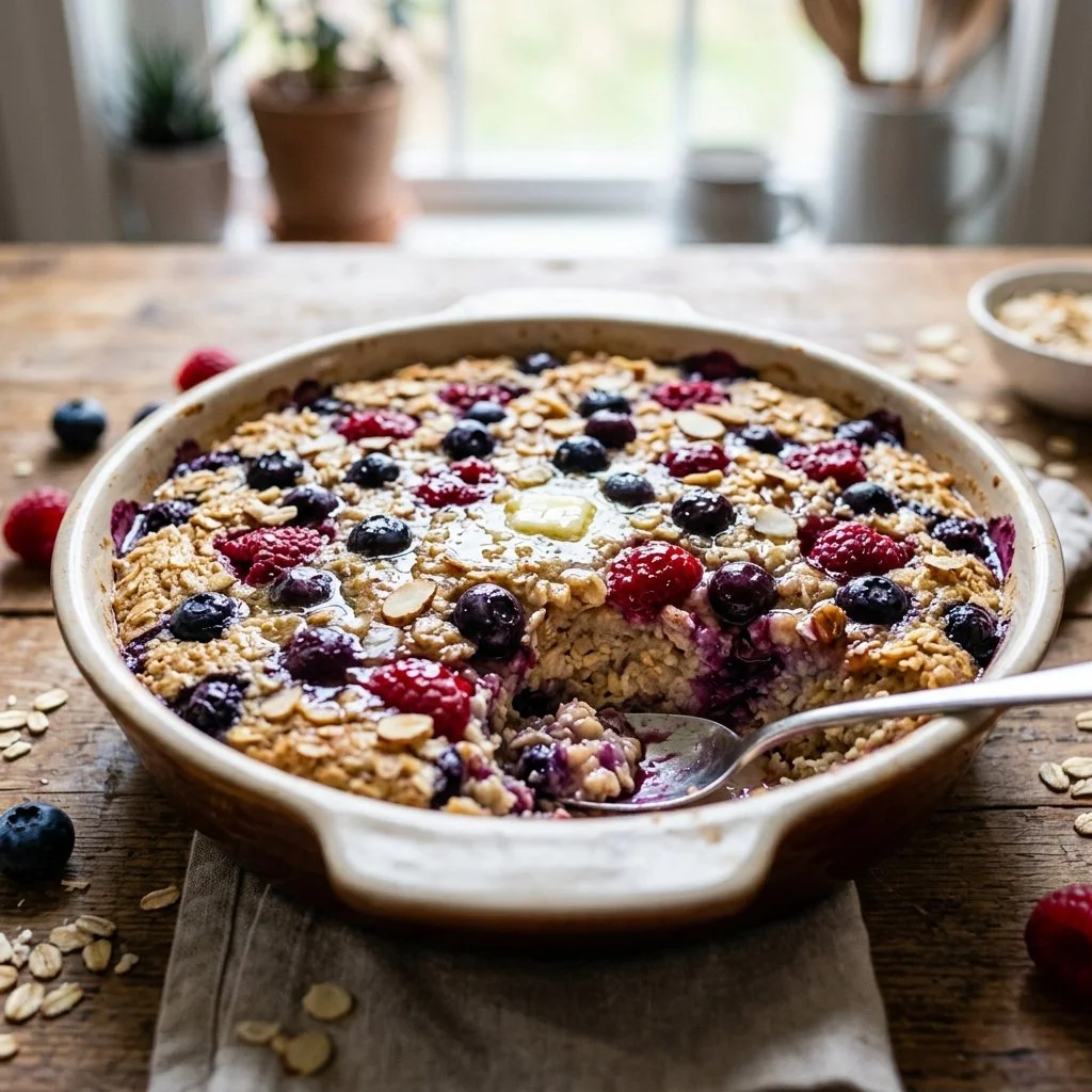 Delicious berry baked oatmeal served in a bowl with fresh berries on top.