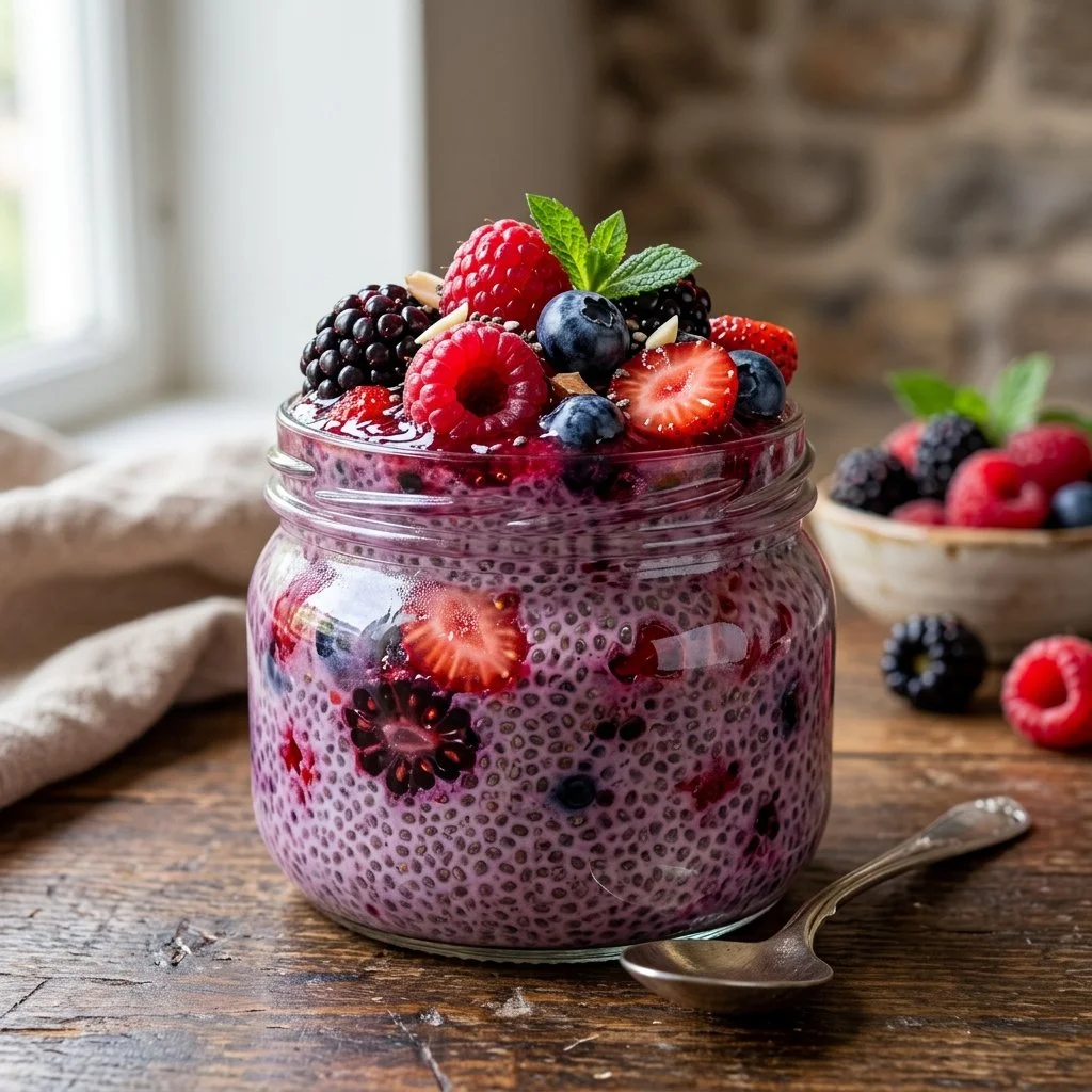Berry chia seed pudding topped with fresh berries and mint leaves