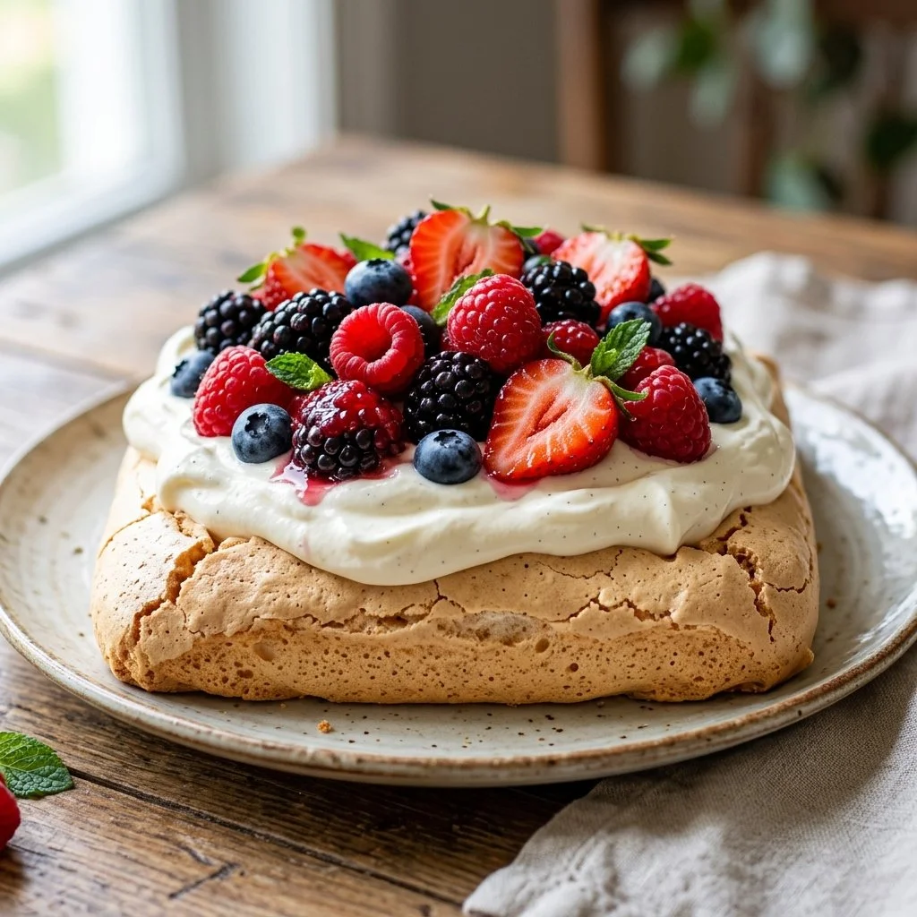 Delicious Berry Pavlova topped with mixed fresh berries and whipped cream