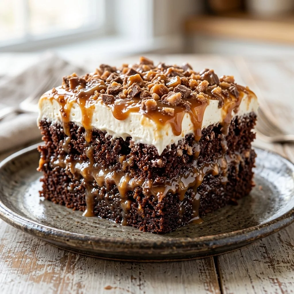 Delicious Better Than Sex Cake topped with whipped cream and chocolate