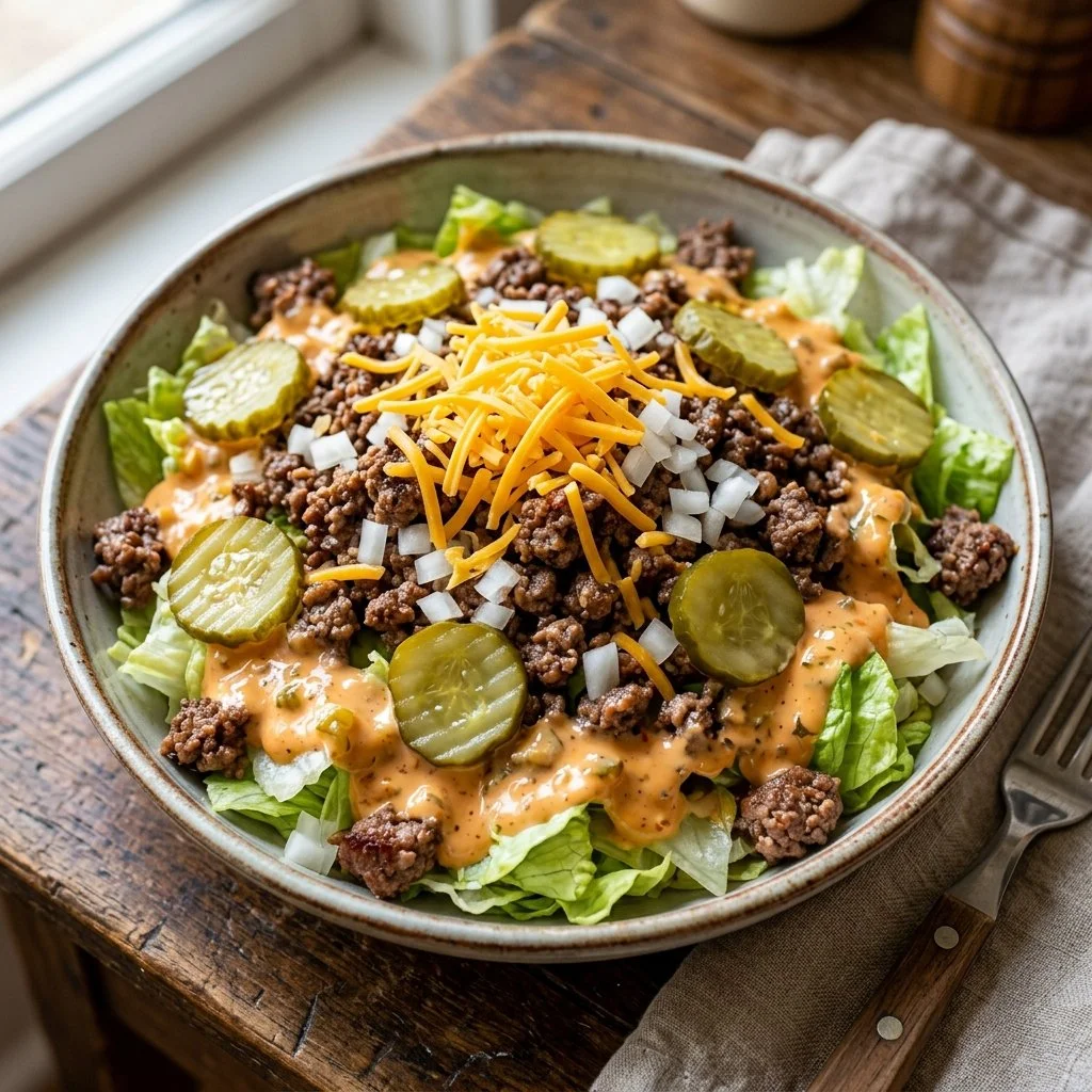 Delicious Big Mac Salad with toppings and special sauce served in a bowl