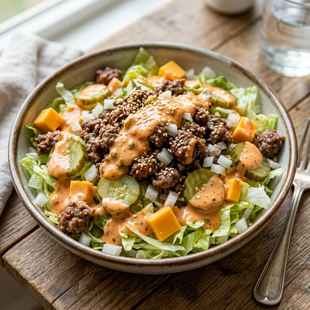 Big Mac Salad with lettuce, tomatoes, pickles, cheese, and special sauce