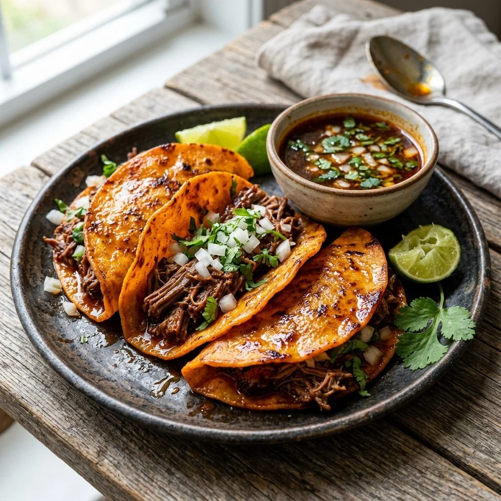 Delicious birria tacos served with flavorful consomé and fresh toppings.