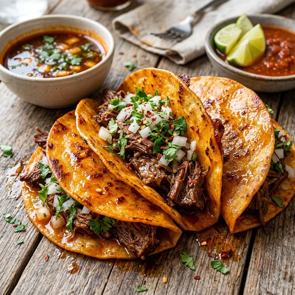 Delicious Birria Tacos served with consome and garnished with cilantro and onions