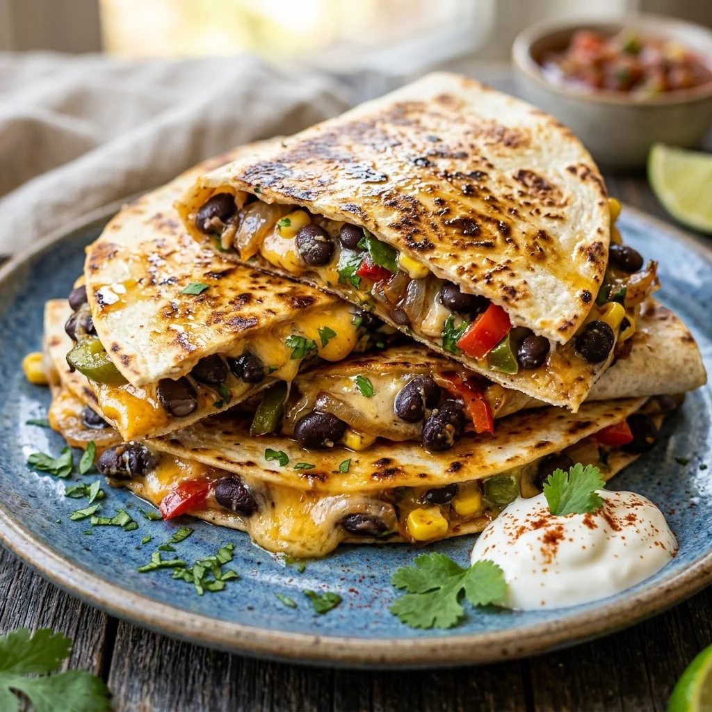 Plate of homemade black bean quesadillas with melted cheese and toppings