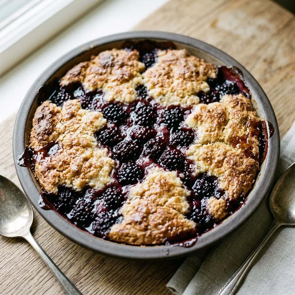 Delicious homemade blackberry cobbler in a baking dish