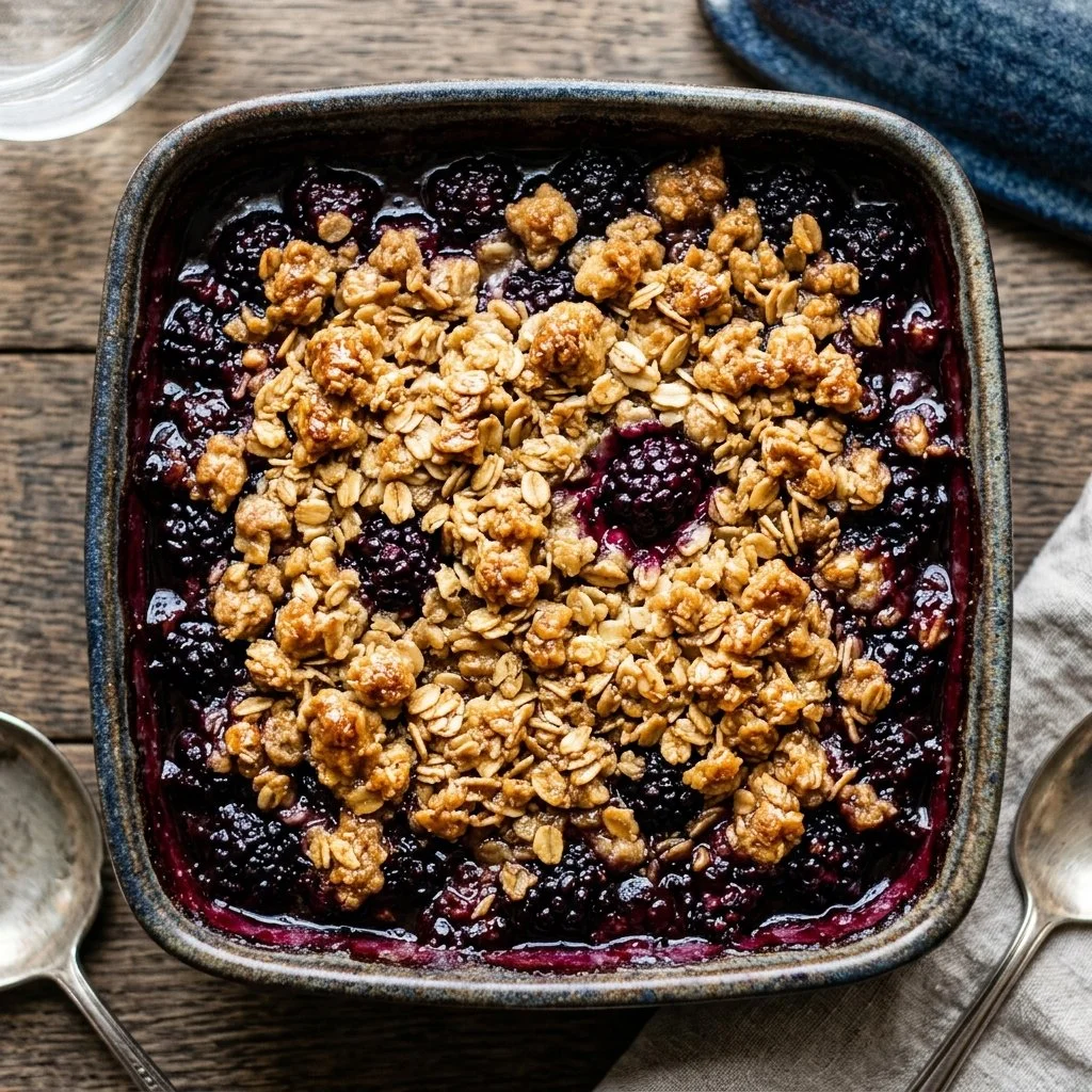 Freshly baked Blackberry Crisp with a golden topping