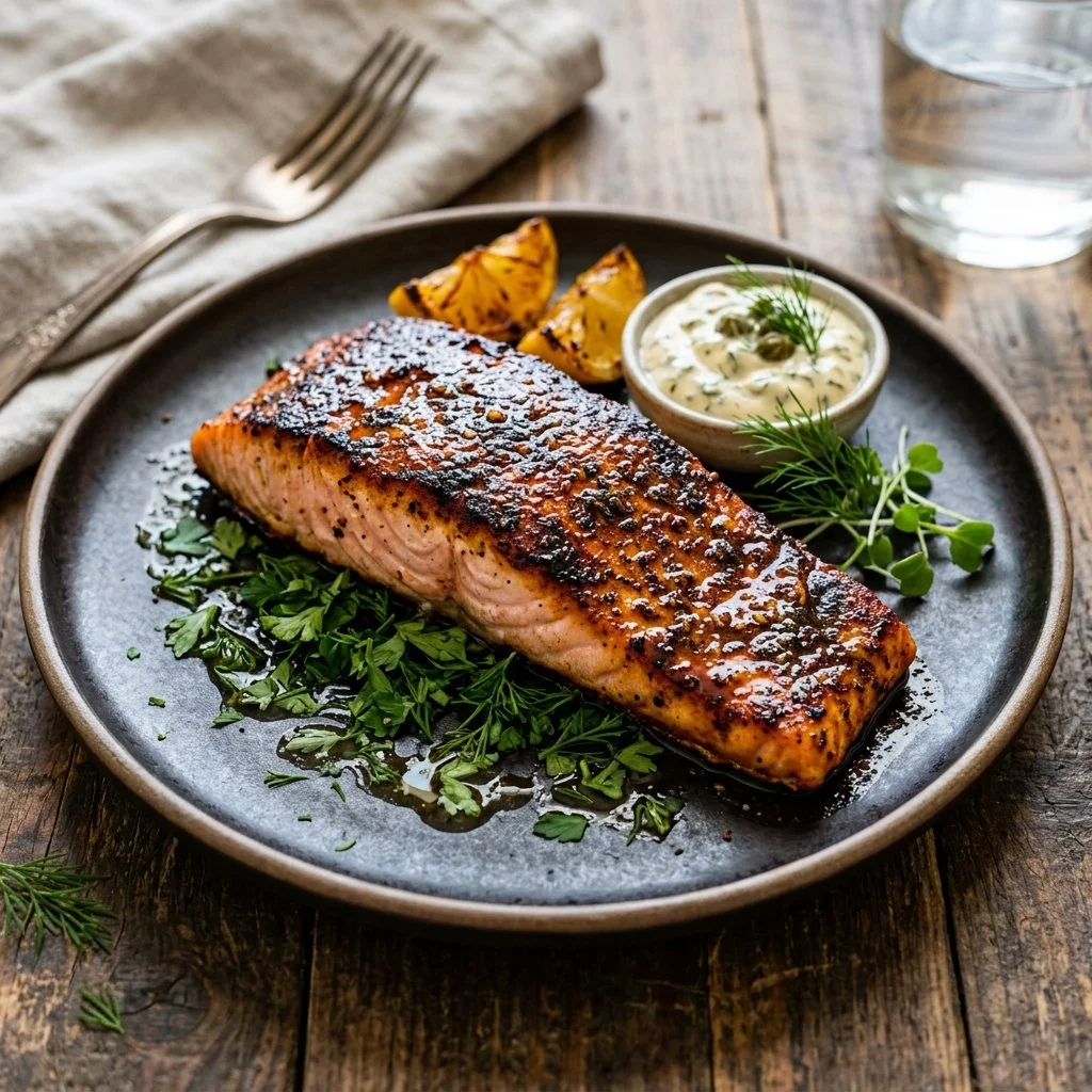 Delicious blackened salmon fillet with spices served on a plate