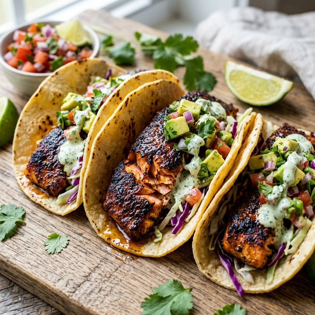 Plate of blackened salmon tacos topped with fresh ingredients and lime wedges