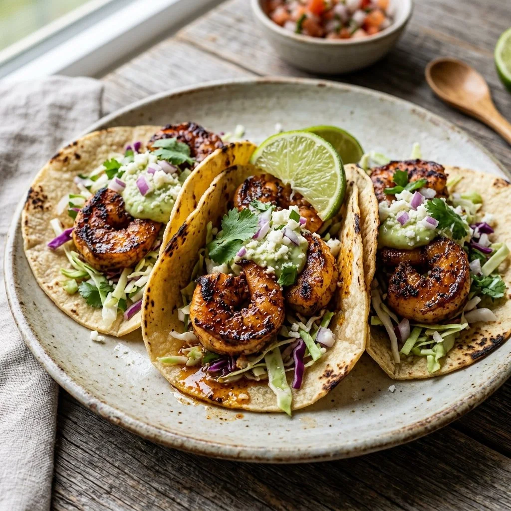 Plate of blackened shrimp tacos garnished with fresh toppings