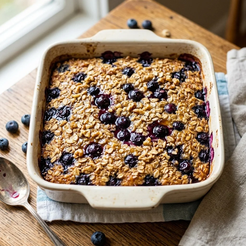 Serving of blueberry baked oatmeal topped with fresh blueberries and almonds