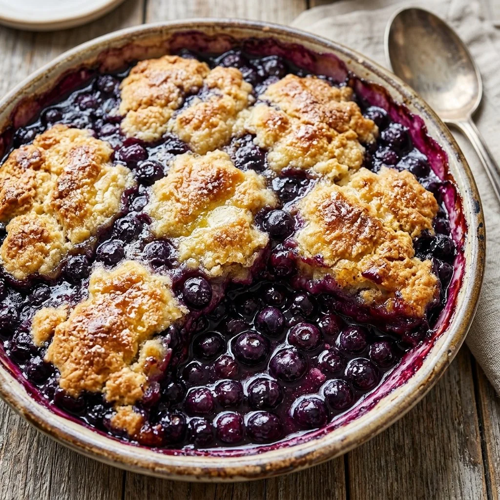 Homemade blueberry cobbler fresh out of the oven with a golden crust.