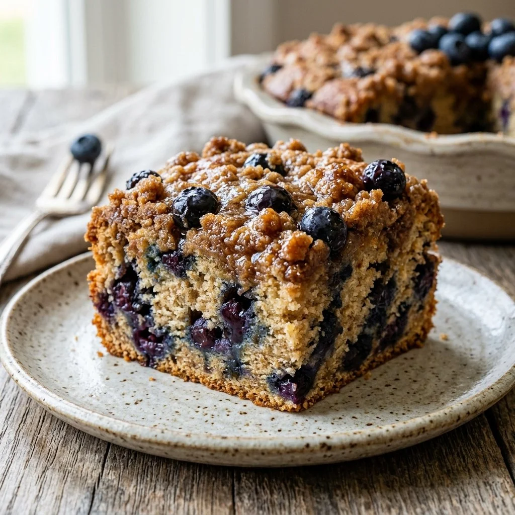 Delicious blueberry coffee cake on a plate, ready to be served.