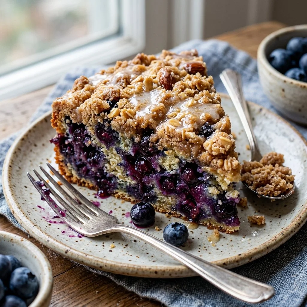 Delicious blueberry coffee cake topped with fresh blueberries and crumbly streusel