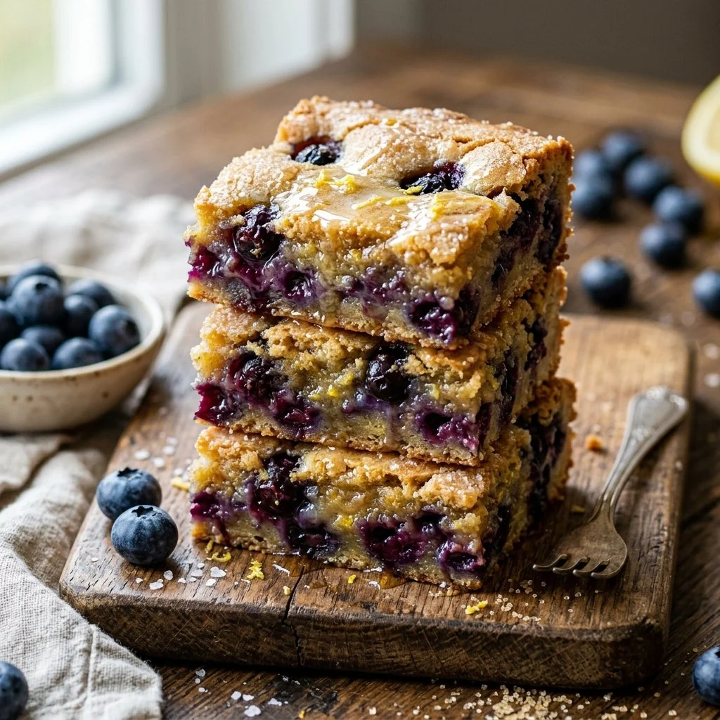 Delicious homemade blueberry lemon blondies with a golden crust and fruity topping