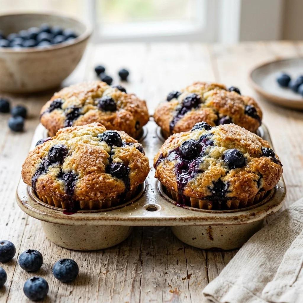 Freshly baked blueberry muffins on a cooling rack
