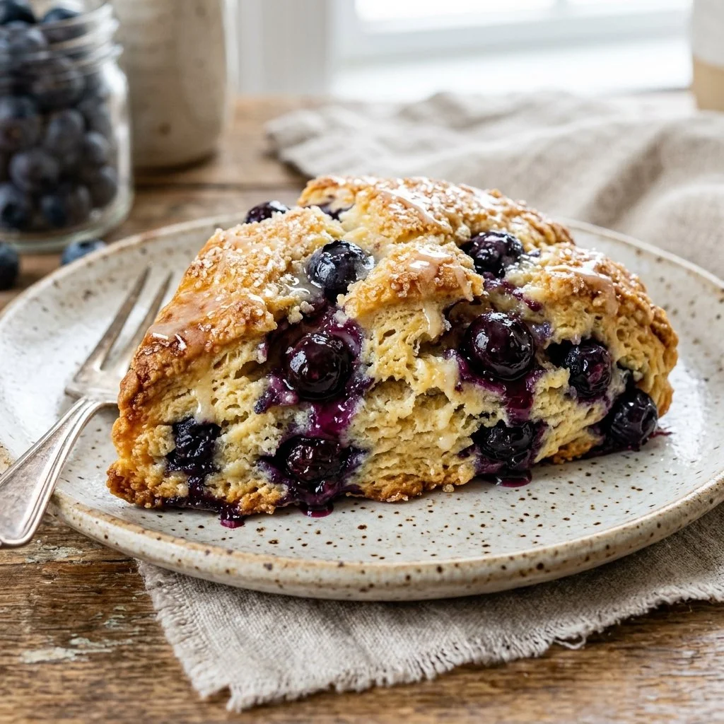 Freshly baked blueberry scones on a rustic wooden table