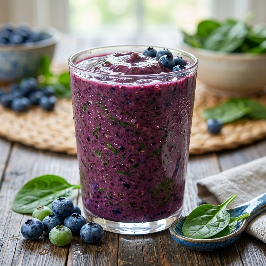 Blueberry spinach smoothie in a glass with fresh blueberries and spinach leaves