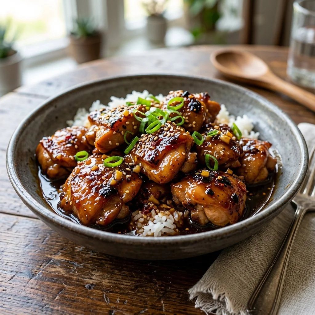 Delicious plate of Bourbon Chicken with rich glaze and vegetables