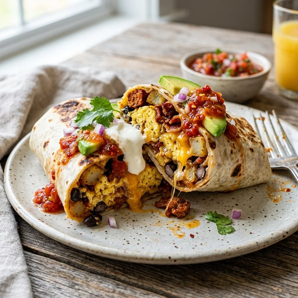 Delicious breakfast burritos filled with eggs, cheese, and salsa.