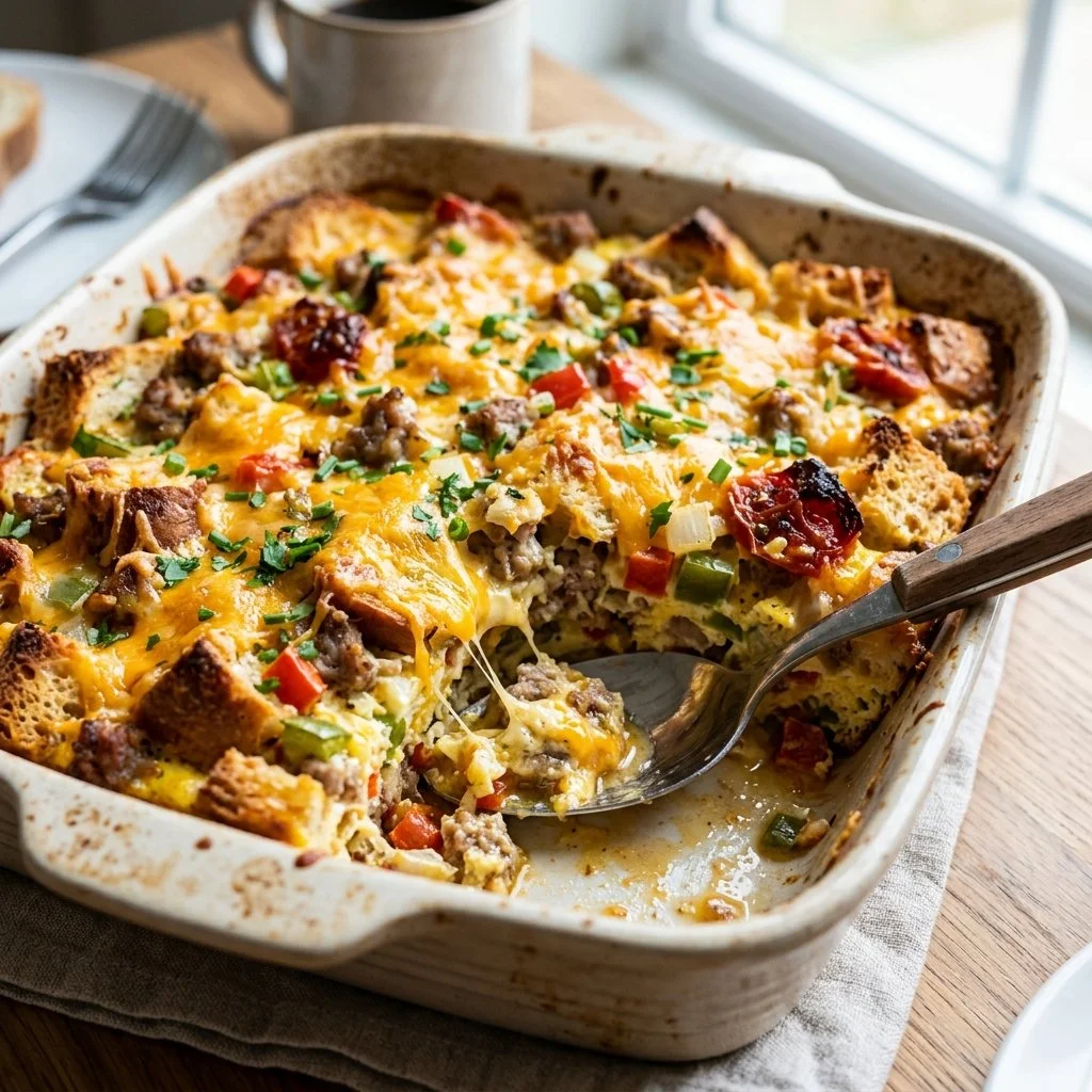 Delicious breakfast casserole with eggs, cheese, and vegetables baked to perfection.