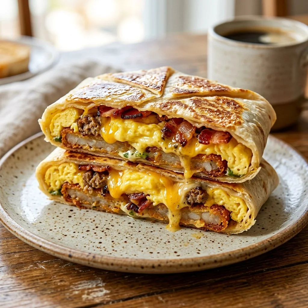Delicious Breakfast Crunchwrap with eggs, cheese, and crispy bacon wrapped in a tortilla.