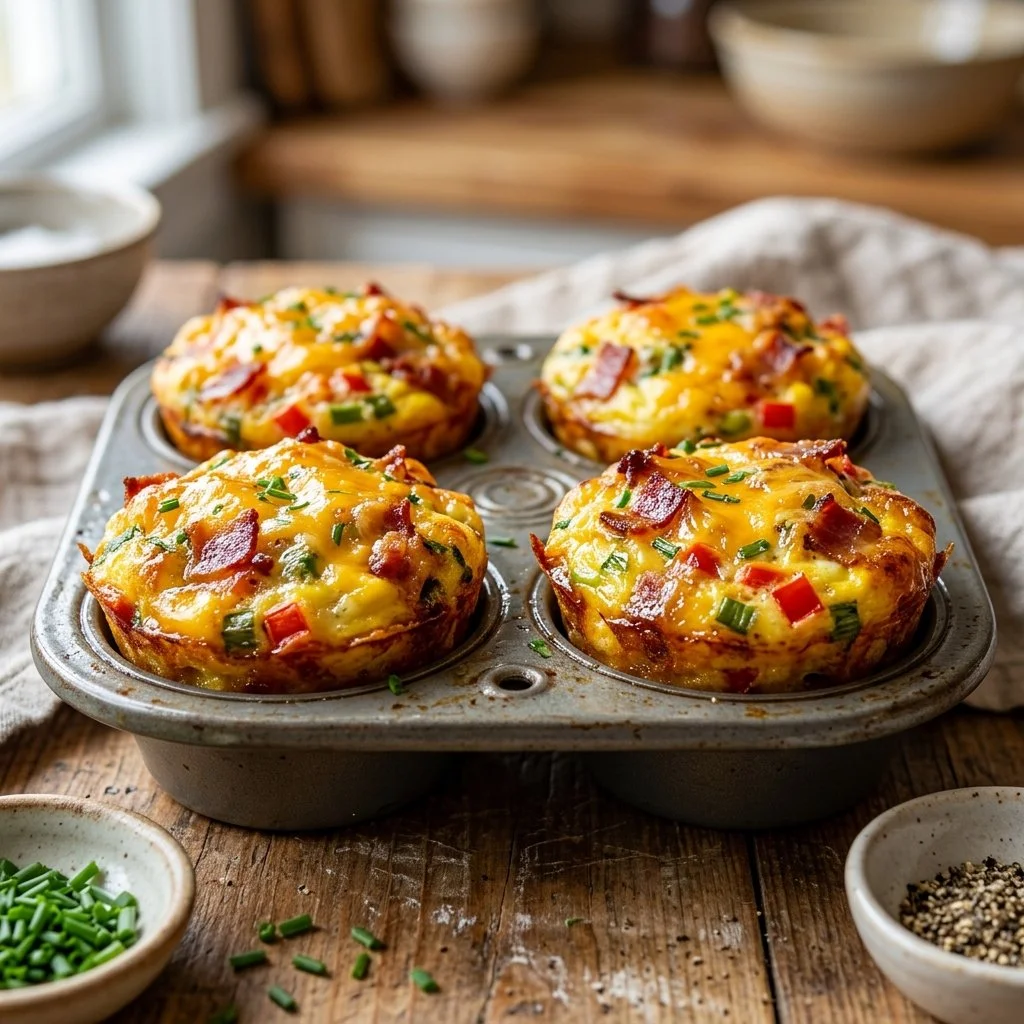Delicious breakfast egg muffins baked with vegetables and cheese