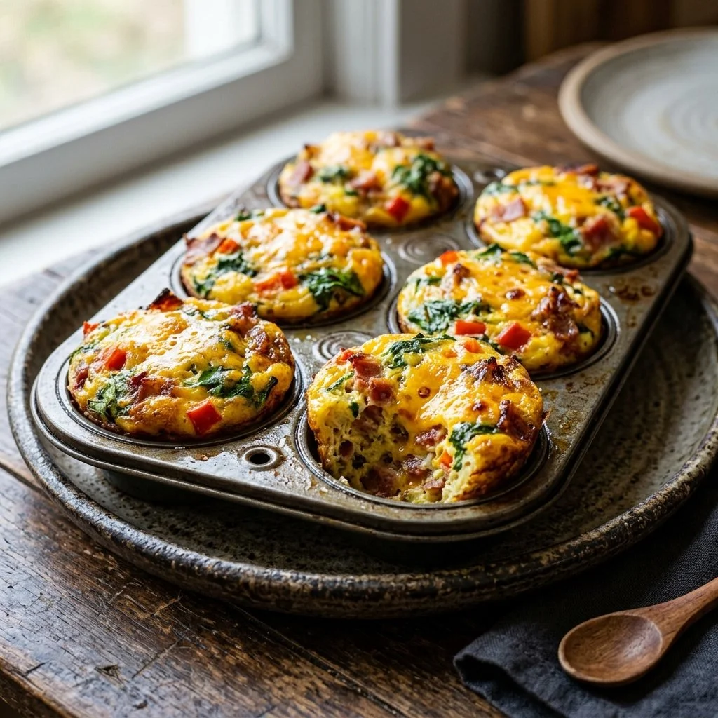 Delicious breakfast egg muffins baked in muffin tins with vegetables and cheese.