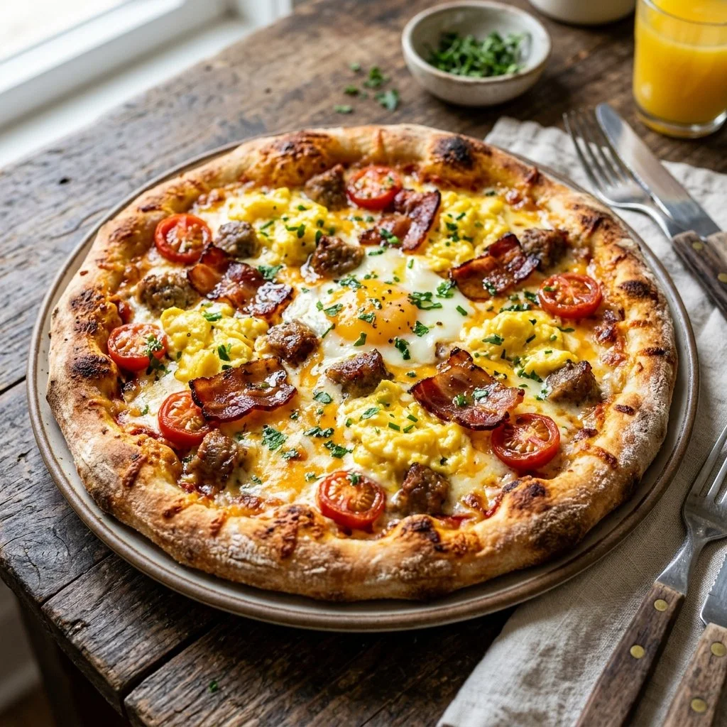 Delicious homemade Breakfast Pizza topped with eggs, cheese, and vegetables.