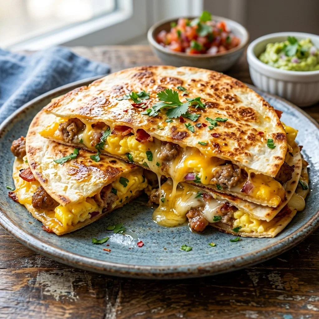 Delicious breakfast quesadillas filled with eggs, cheese, and vegetables.