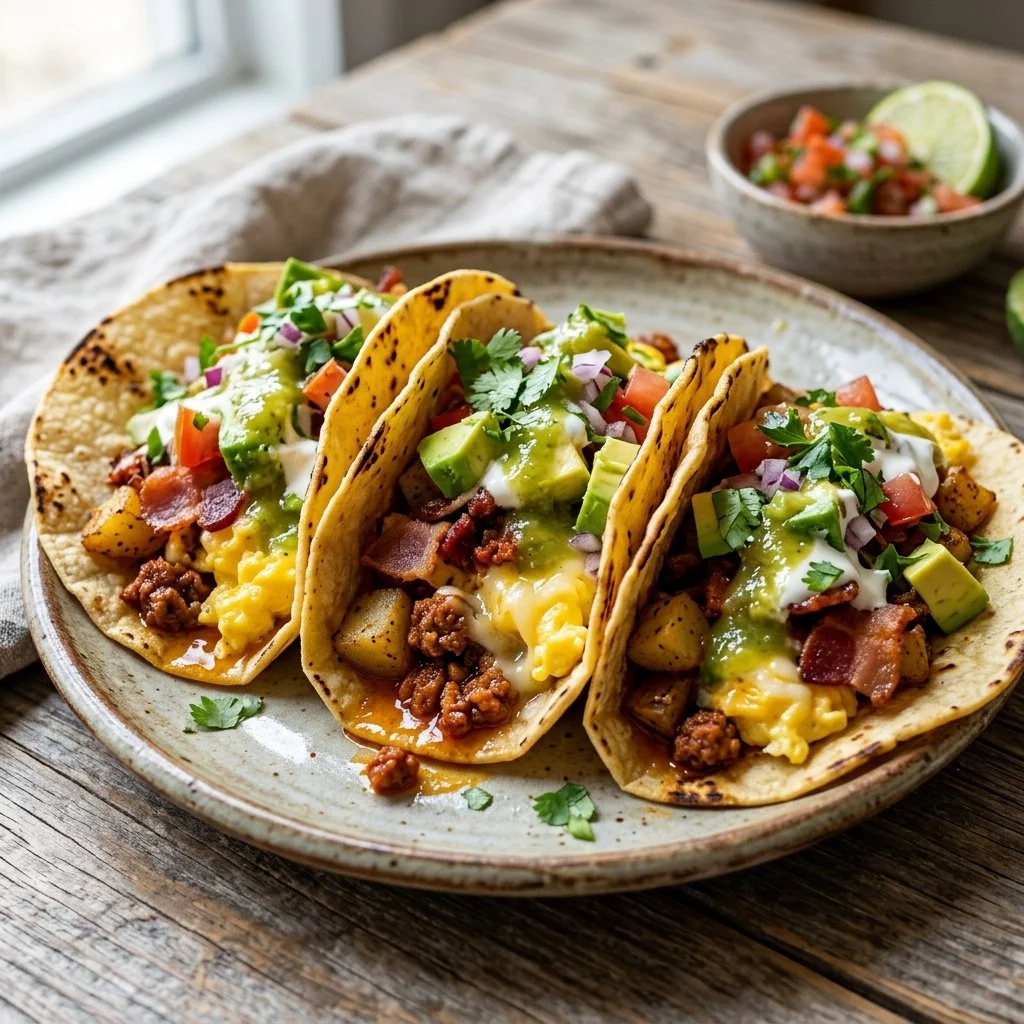 A plate of delicious breakfast tacos with eggs, cheese, and salsa