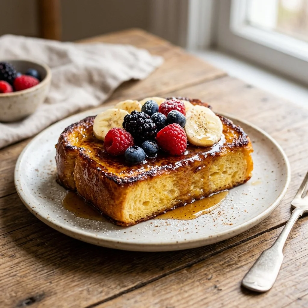 Delicious Brioche French Toast served with syrup and fresh berries