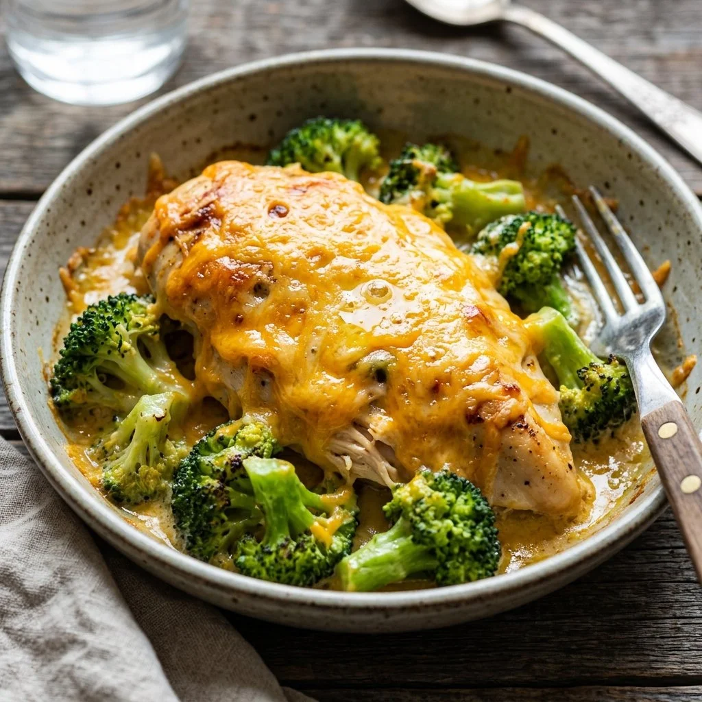 Creamy Broccoli Cheddar Chicken dish served on a plate with fresh ingredients.