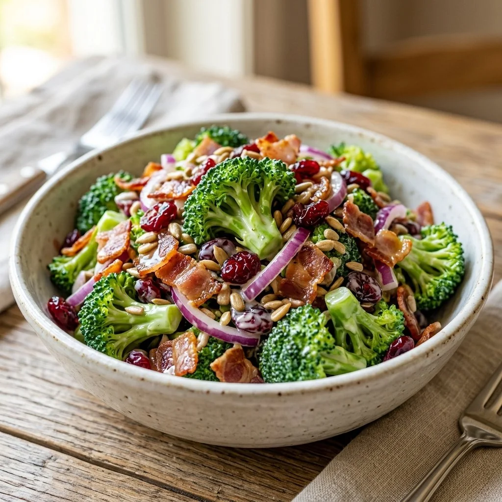 Broccoli salad with crispy bacon and vibrant vegetables in a bowl