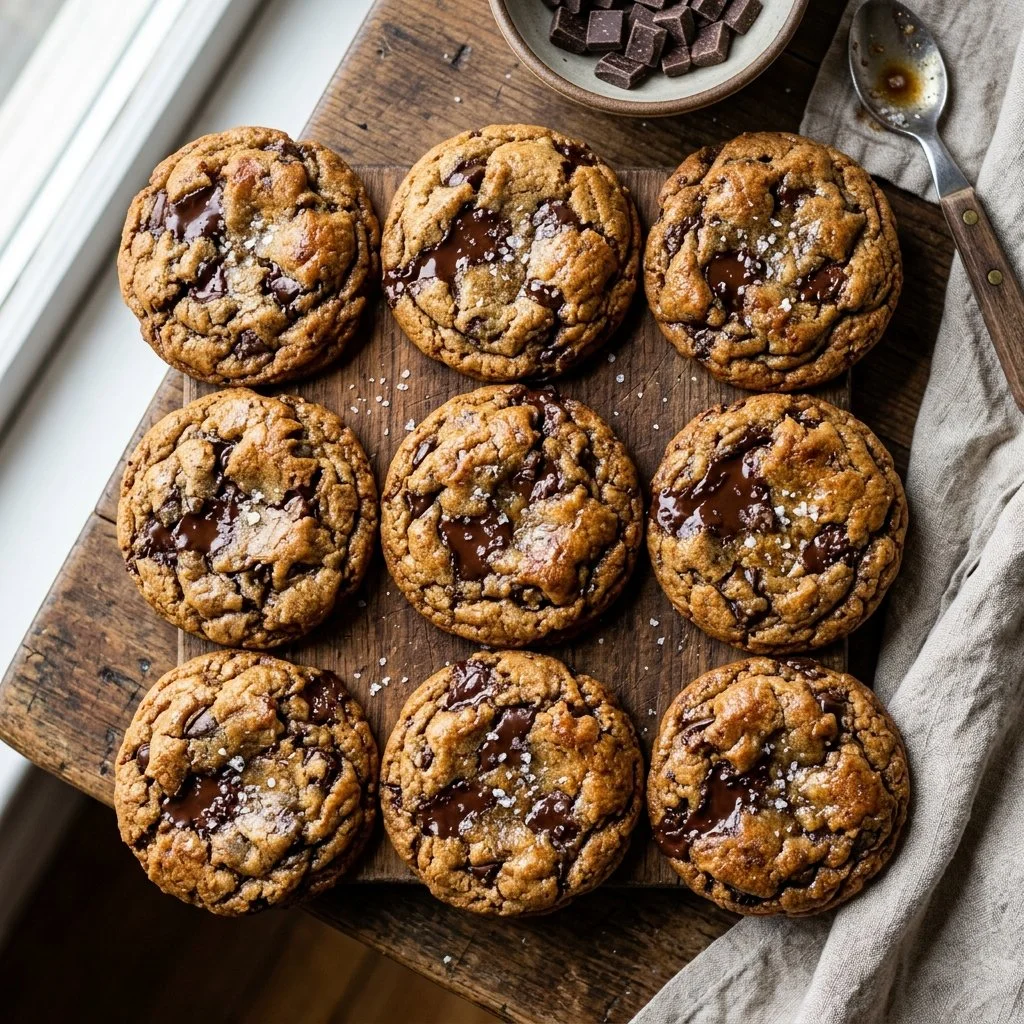 Delicious brown butter cookies arranged on a plate with a glass of milk