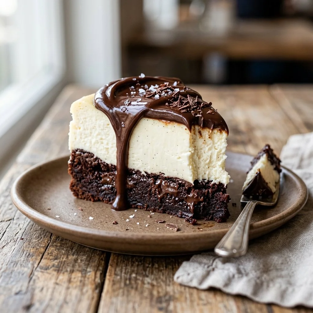 Delicious Brownie Bottom Cheesecake with a fudge brownie layer and creamy topping