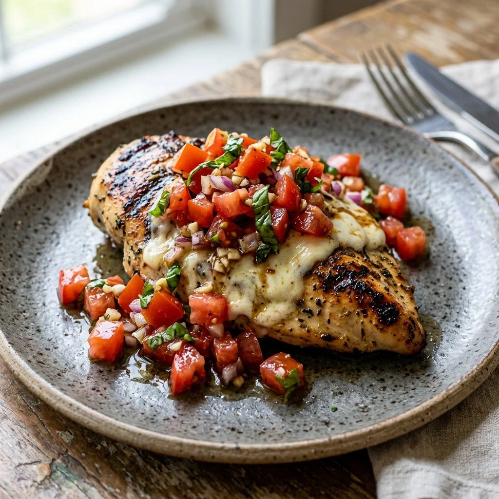 Delicious Bruschetta Chicken topped with fresh tomatoes and basil
