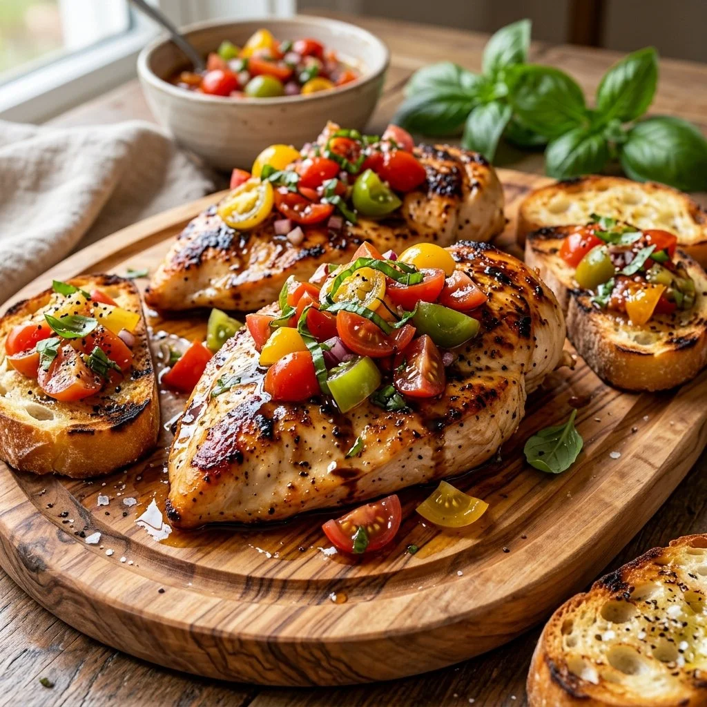 Delicious Bruschetta Chicken topped with fresh tomatoes and basil