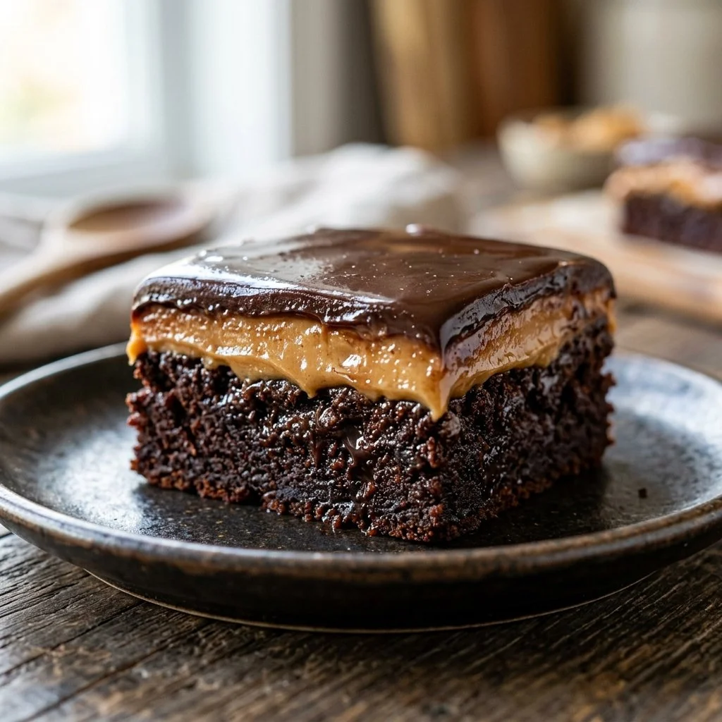 Decadent Buckeye Brownies with chocolate and peanut butter topping