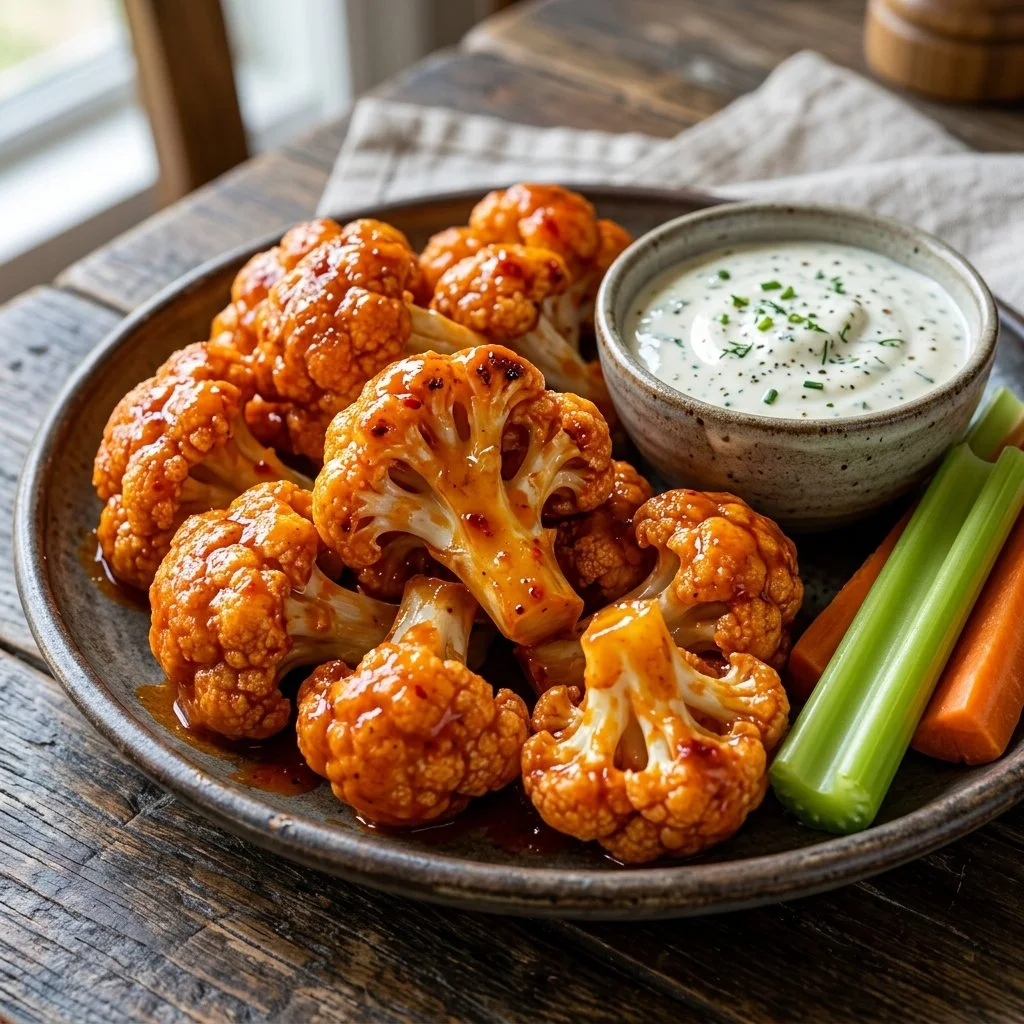 Crispy Buffalo Cauliflower Wings served with dipping sauce