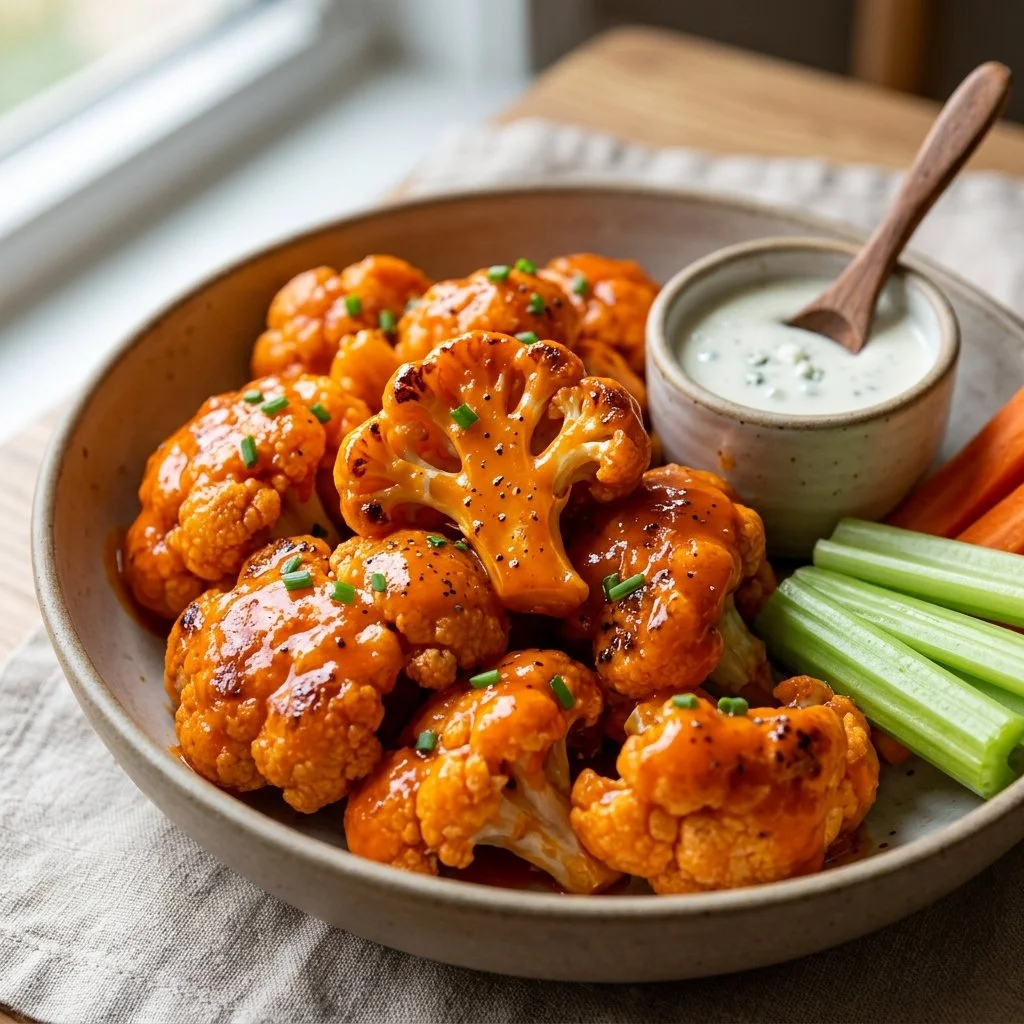 Crispy Buffalo Cauliflower Wings served with dipping sauce on a plate