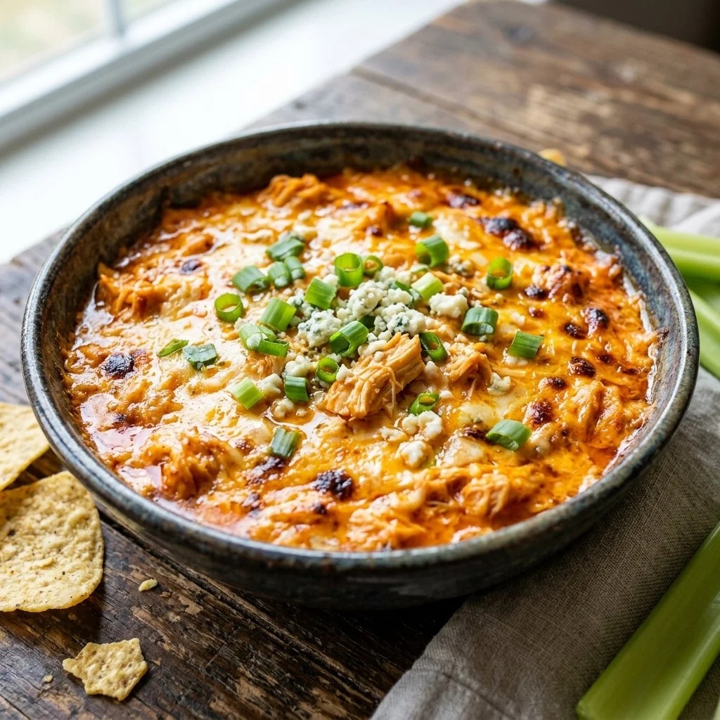 Delicious Buffalo Chicken Dip served in a bowl with tortilla chips