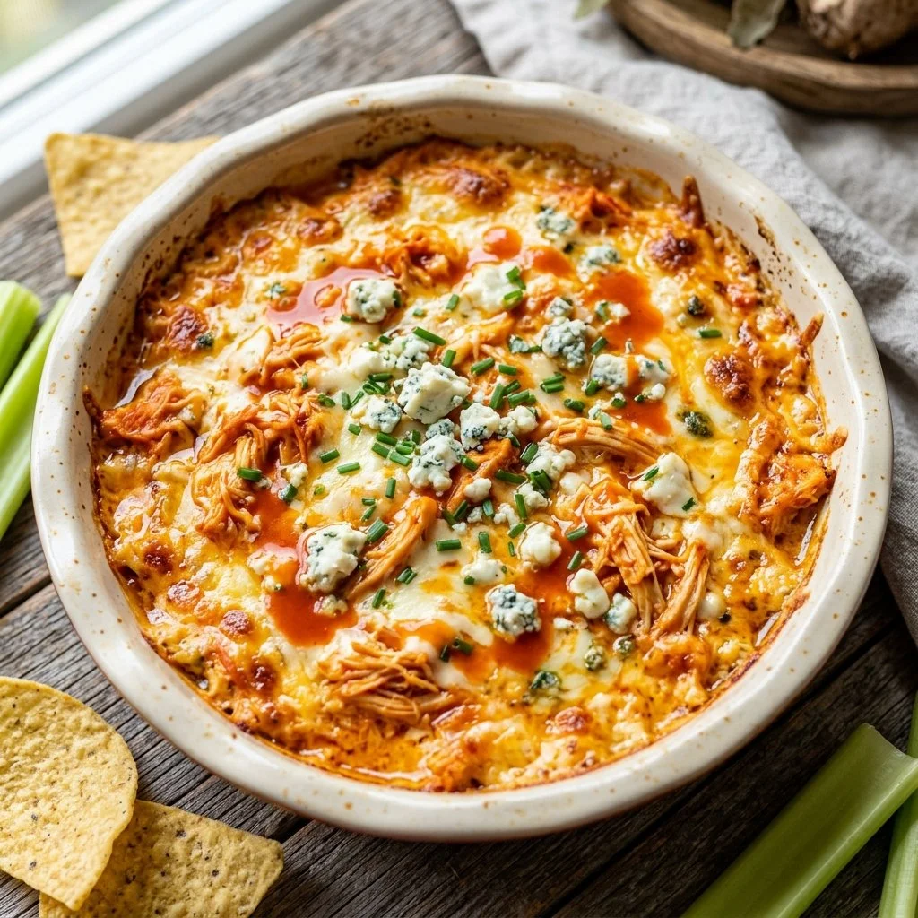 Delicious Buffalo Chicken Dip served in a white bowl with tortilla chips.