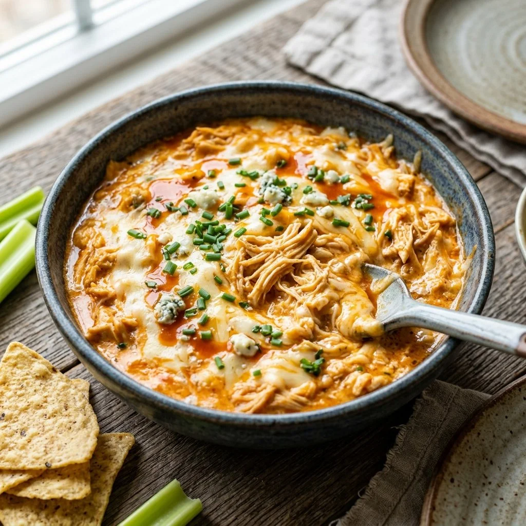Delicious Buffalo Chicken Dip served with tortilla chips